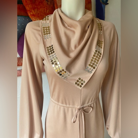 1970’s LEE JORDAN DRESS Studded Studs Rhinestones NEUTRAL Vintage Tags Nude Knit - Picture 10 of 11